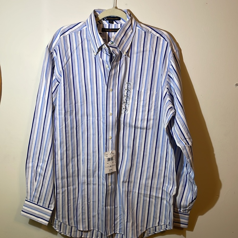 Tommy Hilfiger dress Shirt Large 16 34/35 Lifetime Collar Blue White stripe